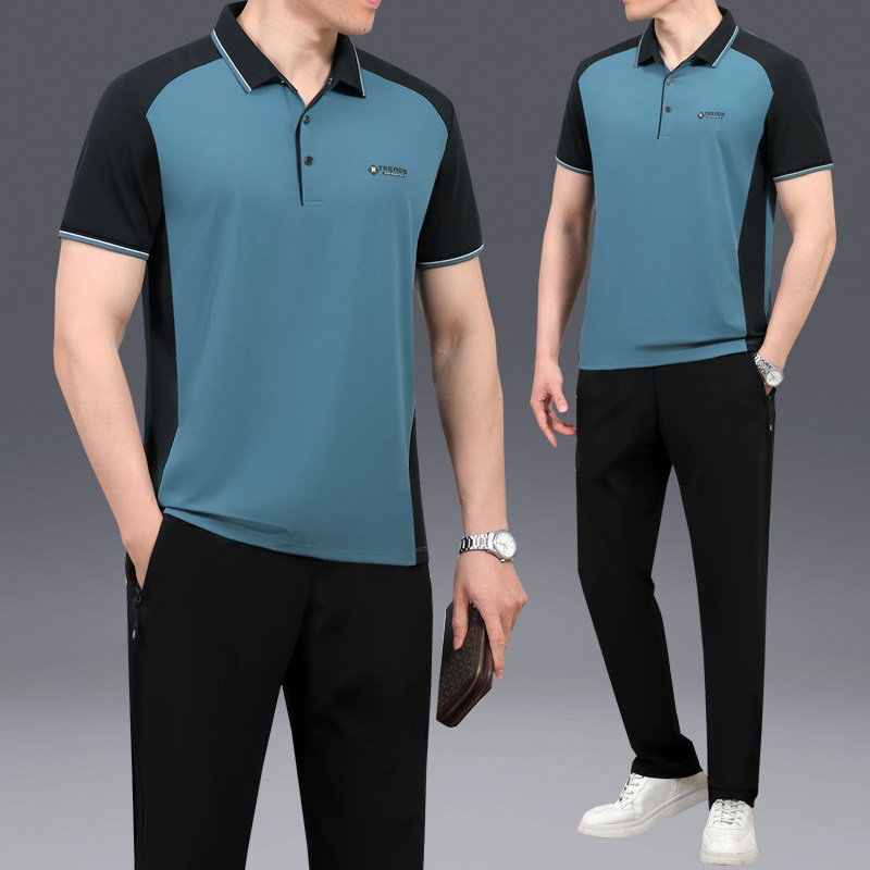 正品夏季中老年男士父亲装薄款冰丝拼色短袖长裤休闲运动服套装男