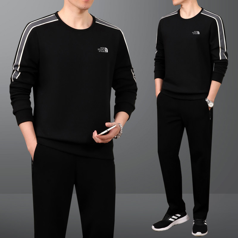 春秋款中老年男士父亲装圆领套头棉宽松大码两件套跑步运动服套装
