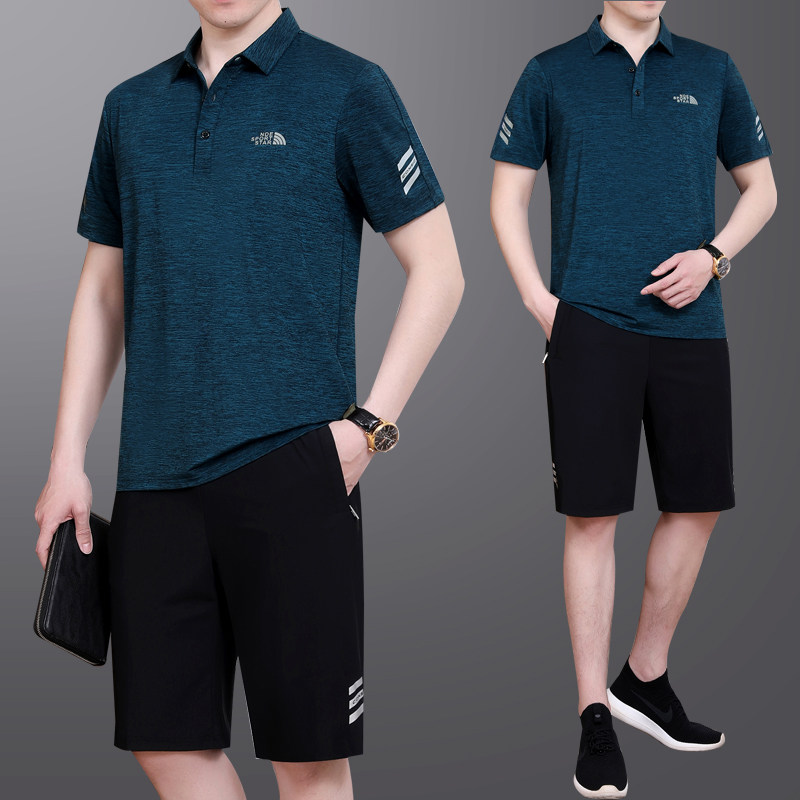 夏季中年爸爸男士冰丝薄款短袖短裤两件套大码跑步休闲运动服套装
