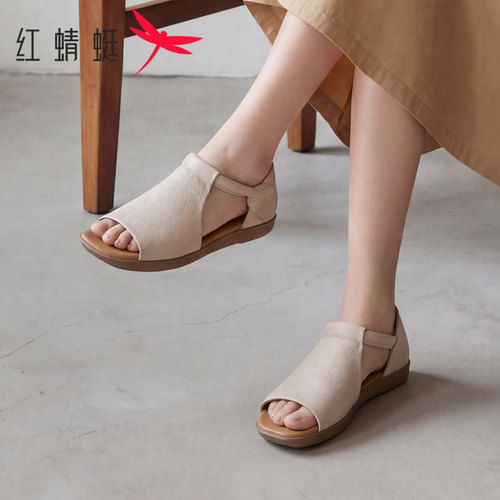红蜻蜓夏季魔术贴软底罗马凉鞋女
