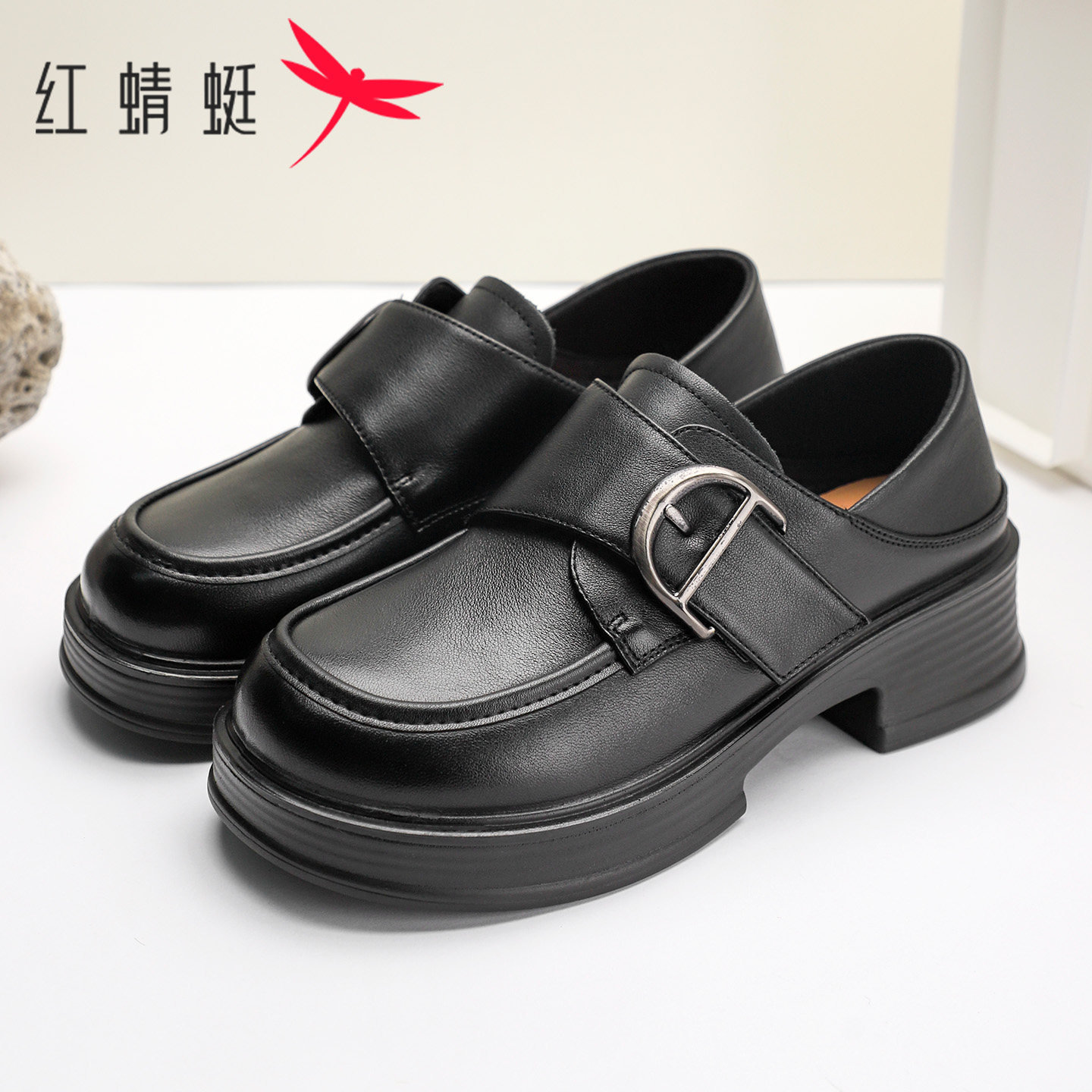 红蜻蜓厚底增高英伦风乐福单鞋女