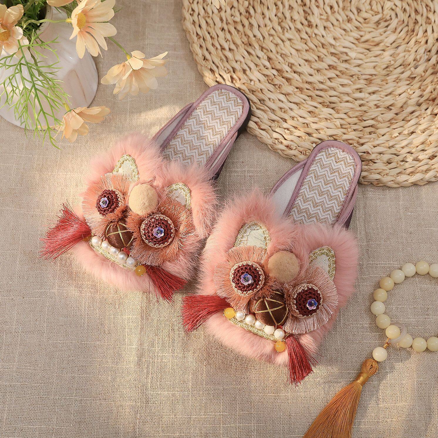 国风虎头拖鞋2026春季新款民族风手工绣花鞋国潮复古平底汉服布鞋