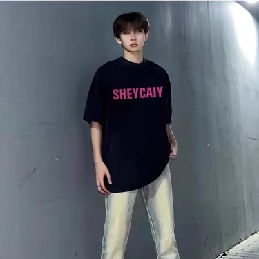 美式国潮牌街头体恤男款短袖夏季潮流T恤男士高街黑色五分袖上衣