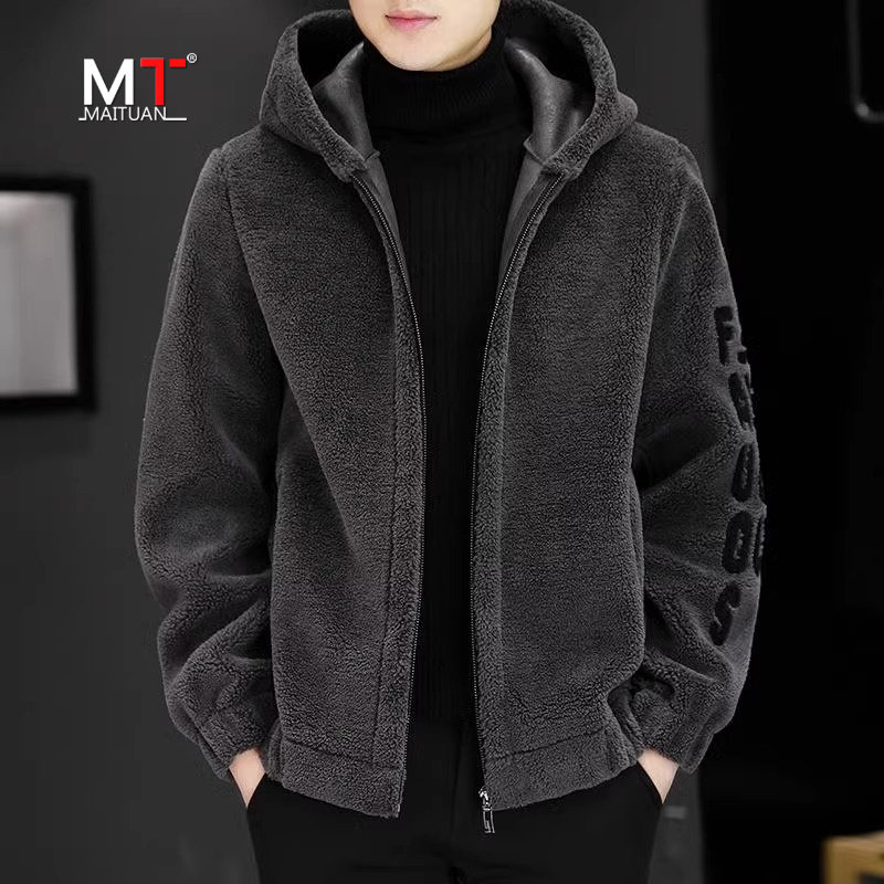 高端摇粒绒外套男士秋冬季2024新款加绒加厚连帽夹克开衫棉衣男款