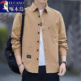 男士 百搭衬衫 高档纯色商务休闲宽松外套上衣 翻领时尚 啄木鸟春秋季