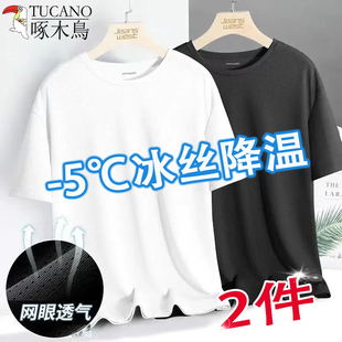 上衣 啄木鸟纯色圆领冰丝网眼短袖 T恤男士 夏季 潮流简约百搭轻薄款