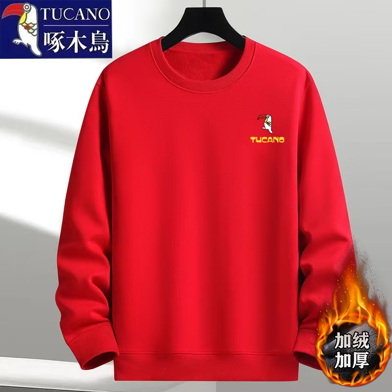 啄木鸟红色圆领保暖宽松百搭纯棉卫衣男士秋冬季加绒加厚潮流上衣
