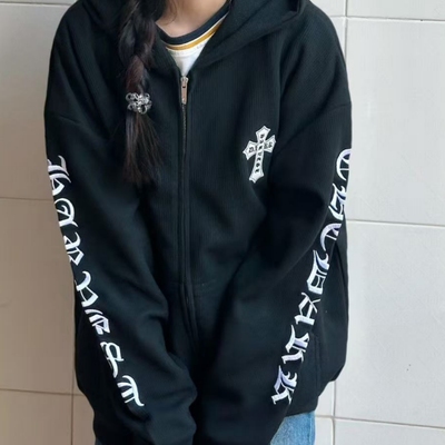 新纯棉华棉复合薄款320克/加绒420克布面+手感印花宽松卫衣外套女