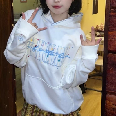 新加绒420克/薄款350克原版做工压线+植绒刺绣纯棉华棉连帽卫衣女