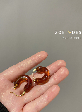 法式复古U形琥珀色耳扣女轻奢小众设计雅丹风耳钉耳环耳饰高级感