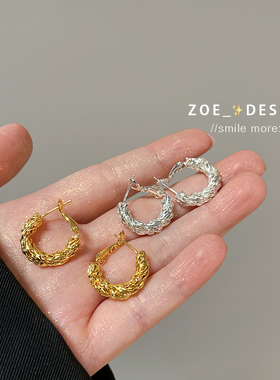 气质冷淡风麻花小耳圈s925银针金属耳环高级感耳钉复古圆圈耳饰品