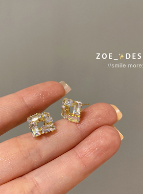 几何方形锆石耳环小巧轻奢纯银银针短款耳钉高级感气质学生耳饰女