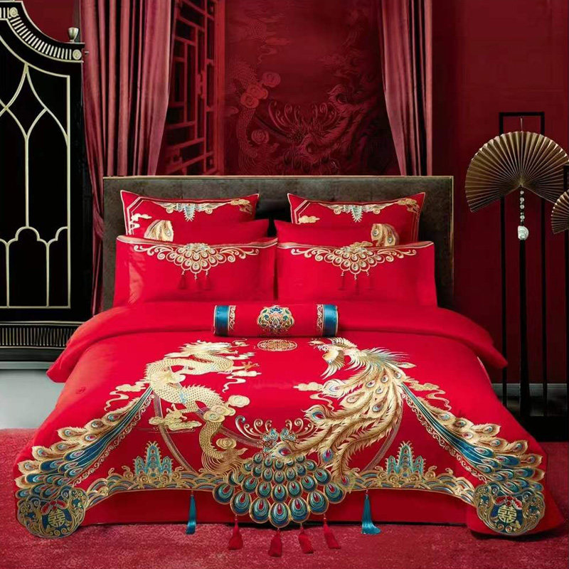 140支长绒棉婚庆四件套中式全棉刺绣新婚喜嫁大红色结婚床上用品,床上用品,床品套件/四件套/多件套,淘宝优惠券,粉丝福利购,淘宝优惠卷