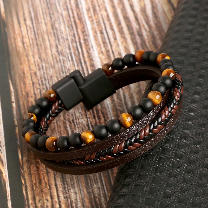 Leather Bracelet Men Tiger's Eye Bead bracelet 小众个性手链