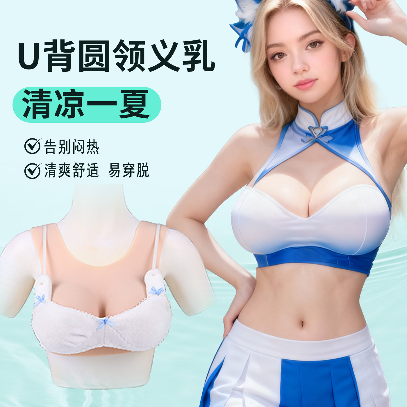 圆领义乳假胸后背镂空CD变装