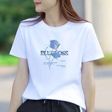 品牌高端纯棉短袖t恤女休闲2025新款圆领正肩白色宽松印花T恤衫