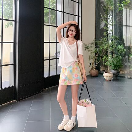 碎花小个子包臀半身裙女彩色油画裙夏季高腰显瘦大码休闲A字短裙