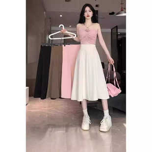 2024夏季黑色a字半身裙女小个子中长裙高腰显瘦气质韩版休闲裙子