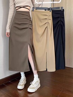 黑色半身裙秋季女装2024新款高腰包臀a字裙小个子设计感中长裙子