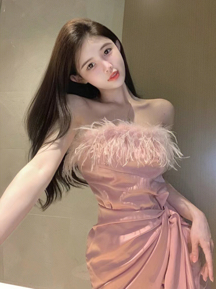 생일가운 파티드레스 기질 연예인파티 성인식 원숄더 타조깃털 튜브톱 드레스