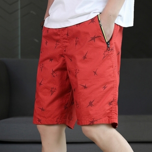拉链口袋纯棉沙滩中裤 夏季 红色短裤 薄款 五分裤 男士 子休闲外穿大码