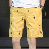 潮牌外穿宽松休闲五分裤 纯棉黄色印花短裤 男士 薄款 5分沙滩裤 夏季