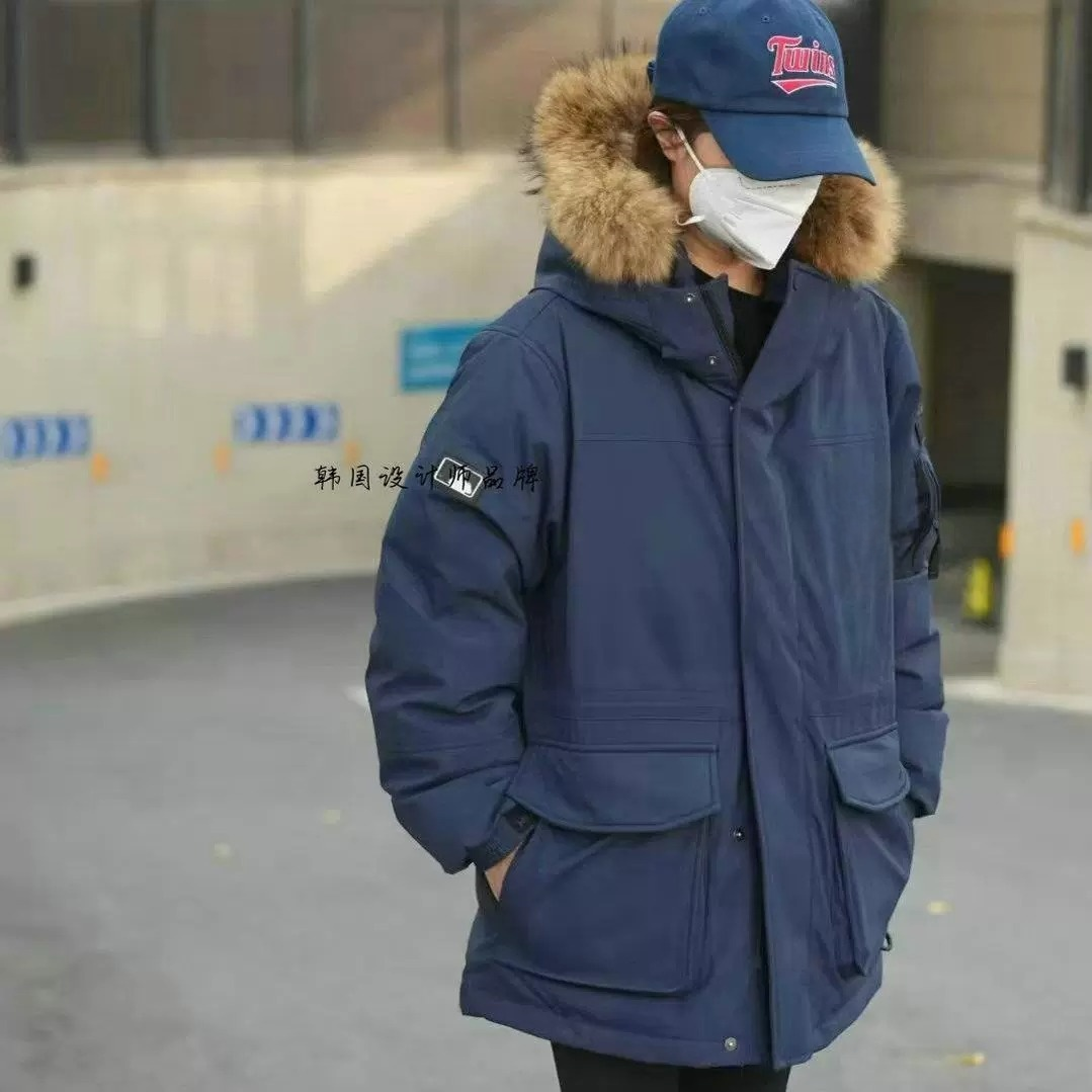 韩国潮流鹅绒羽绒服男女同款派克服藏蓝色大毛领保暖工装风外套,女装/女士精品,派克服,淘宝优惠券,粉丝福利购,淘宝优惠卷