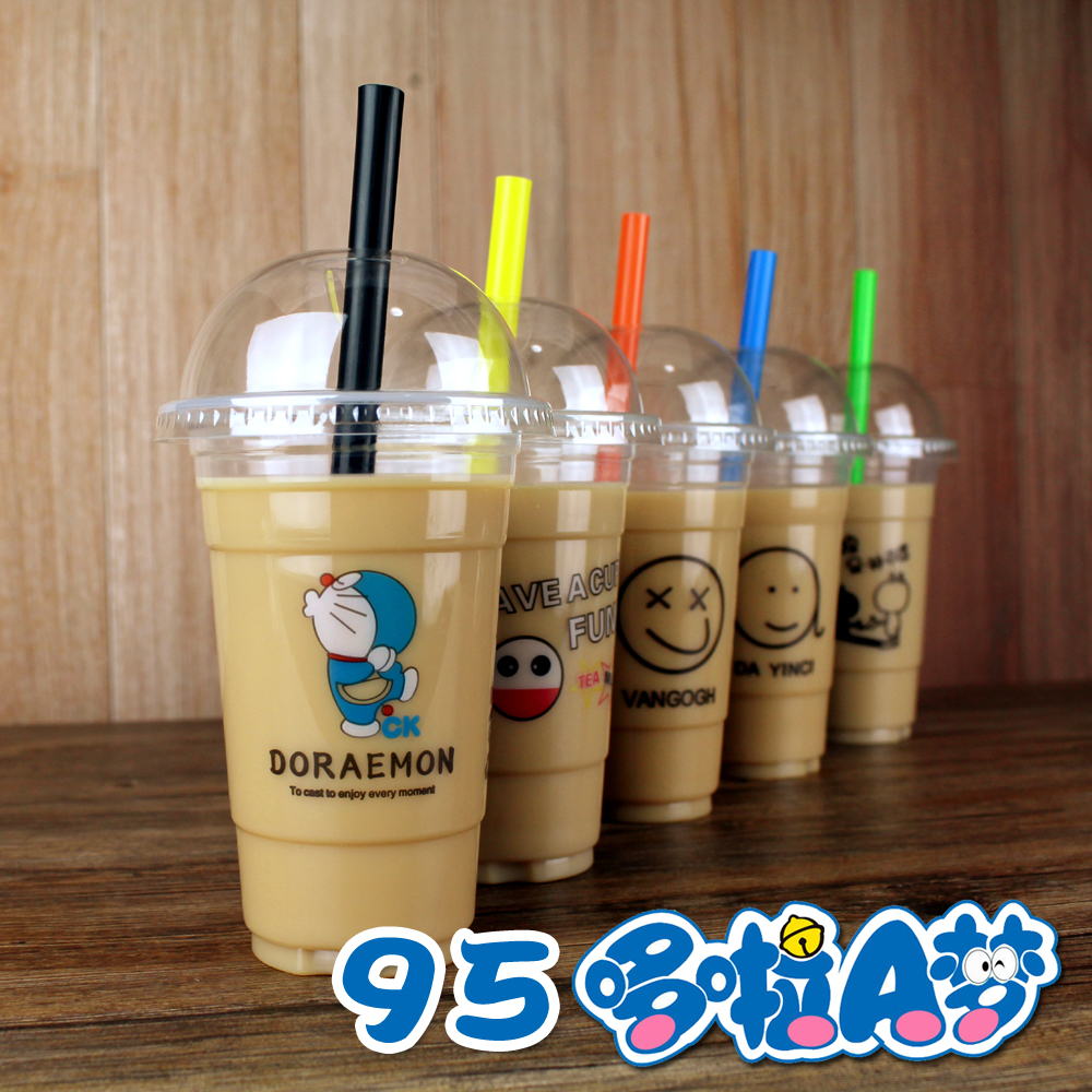 哆啦A夢95口徑加厚一次性奶茶杯 塑料杯500/700ml果汁杯奶茶杯