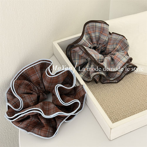 韩系格纹布艺锁边大肠发圈高级感四层束腰发绳花苞高弹力头绳