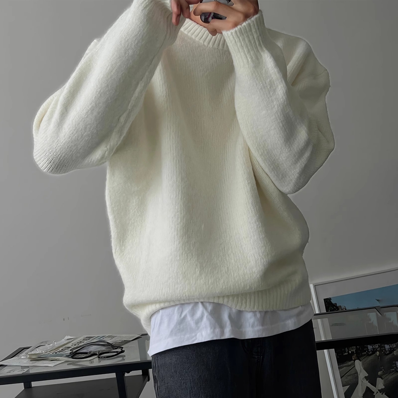 thumbnail for American-Style Thickened Warm Soft Knit Sweater for Men, Autumn and Winter Inner Wear, Casual Base Sweater, Loose Round Neck Knitwear