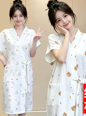 夏季纯棉纱布女浴袍系带透气速干