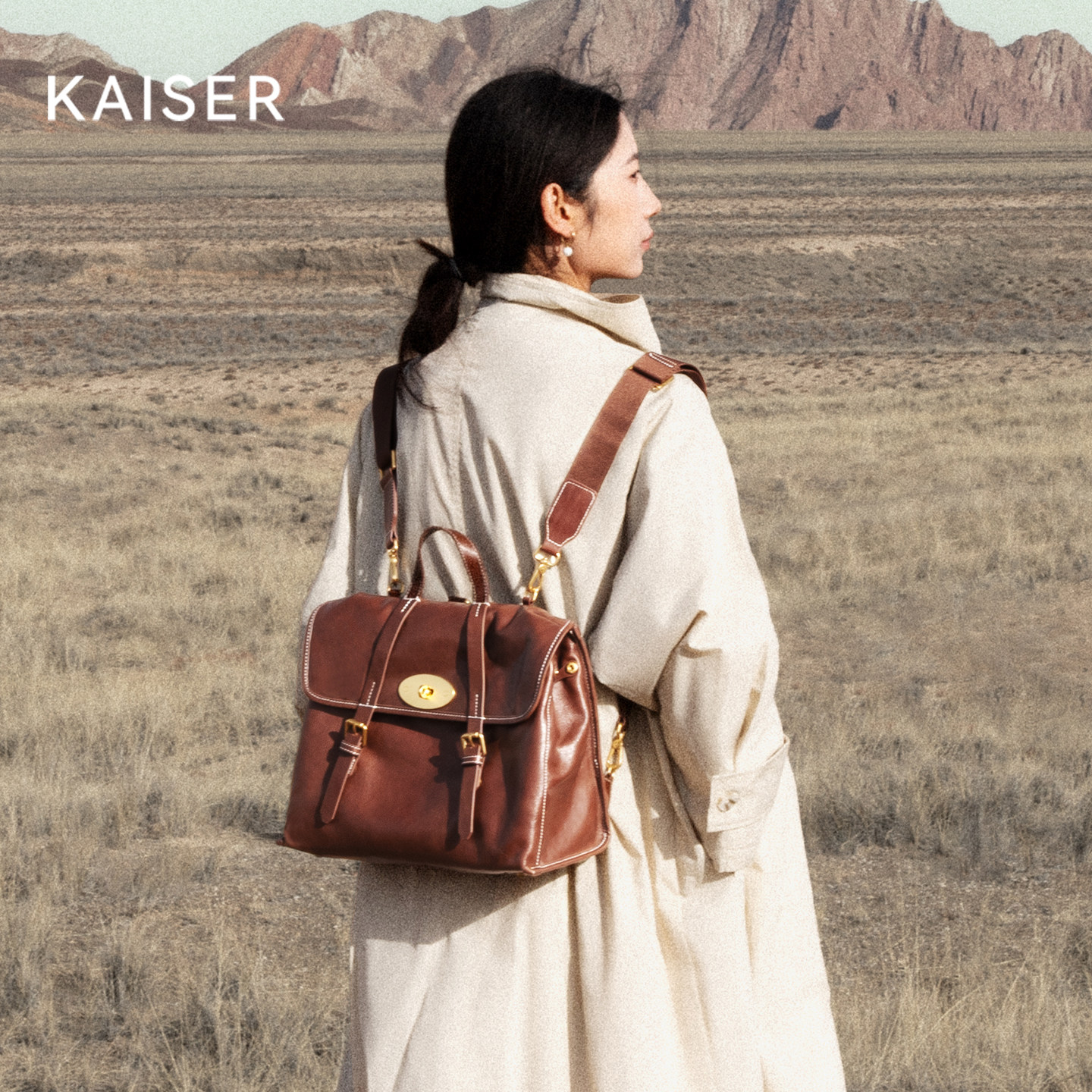 KAISER凯撒植鞣牛皮包包女新款女士皮质双肩包大容量背包真皮女包