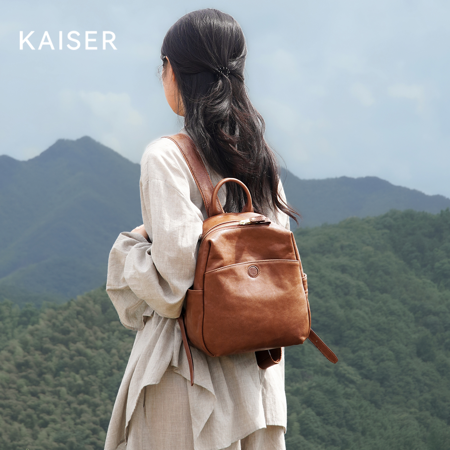 KAISER凯撒水晶植鞣牛皮双肩包