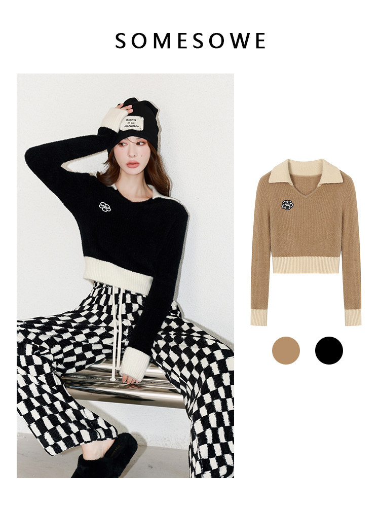 SOMESOWE白鹿同款拼色POLO领针织短上衣秋冬新款小众设计感上衣女