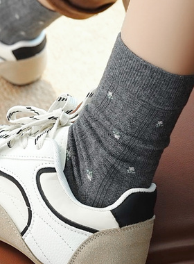 灰色袜子女春秋款复古小碎花中筒袜isn风咖色无骨堆堆袜秋冬长袜