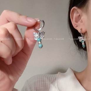ouswa原创-绿松蝴蝶,风卷云舒。vintage复古银绿松藏式耳环耳饰