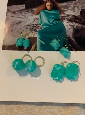 ouswa原创《sumer》小众海外风ins浅蓝绿晕染树脂耳钩14k耳圈耳环