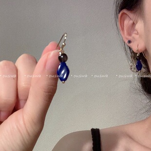 ouswa原创 黑曜石复古vintage日系简约耳钩耳饰 蓝色海浪古琉璃