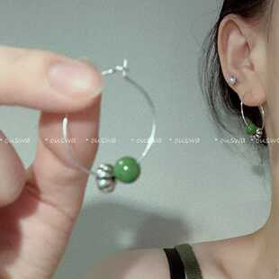 ouswa原创-菱镁矿宋代耳环古董复古vintage古风绿银色耳圈圈耳饰