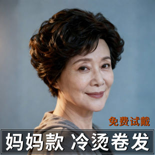 中老年女士全真发短卷发日常整顶遮白发轻薄自然妈妈款假发套