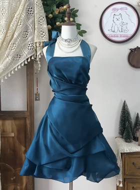 芷汀「蓝色妖姬」小众设计不规则挂脖公主裙法式性感晚礼服短裙