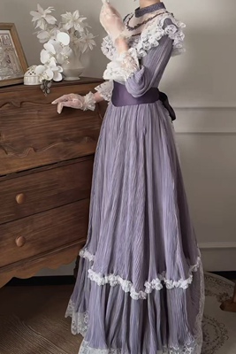 芷汀「雾里紫藤」香芋紫压褶泡泡袖超大摆草原裙法式复古气质长裙