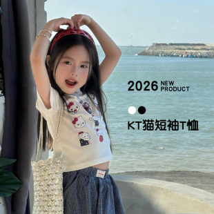 女童独特超好看kt猫短袖款t恤女款2026新款儿童女宝白色短款上衣