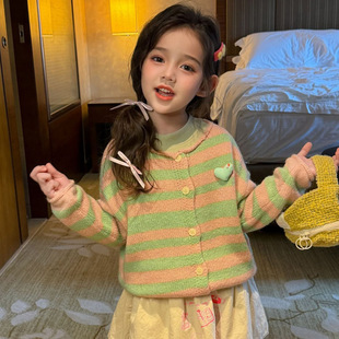女童甜美条纹毛衣开衫春秋款2026新款儿童女款针织外套秋冬季洋气