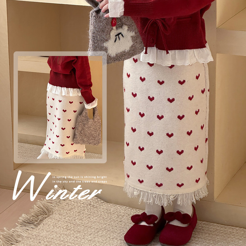 女童爱心针织毛线流苏裙冬款2026新款儿童女宝宝设计感长裤半裙子