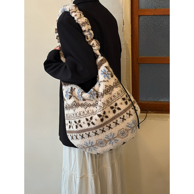 韩系毛绒费尔岛托特包女大容量单肩斜挎包小众民族风毛茸茸通勤包