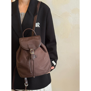 韩国小众抽绳束口尼龙布包秋冬新款 高级感复古双肩包大容量背包