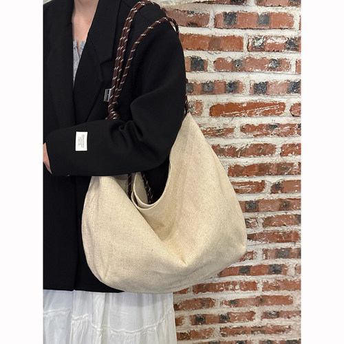 大容量慵懒随意田园风托特包包女新款小众设计单肩手提亚麻布包