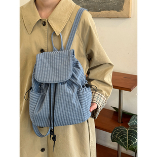 韩系格纹抽绳双肩包女2026新款 大容量学生通勤背包学院风百搭书包