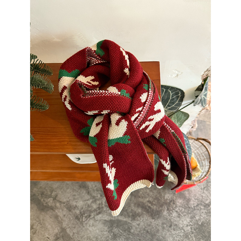 韩版红色麋鹿毛线围巾女冬季保暖加厚长方形围脖高颜值针织披肩